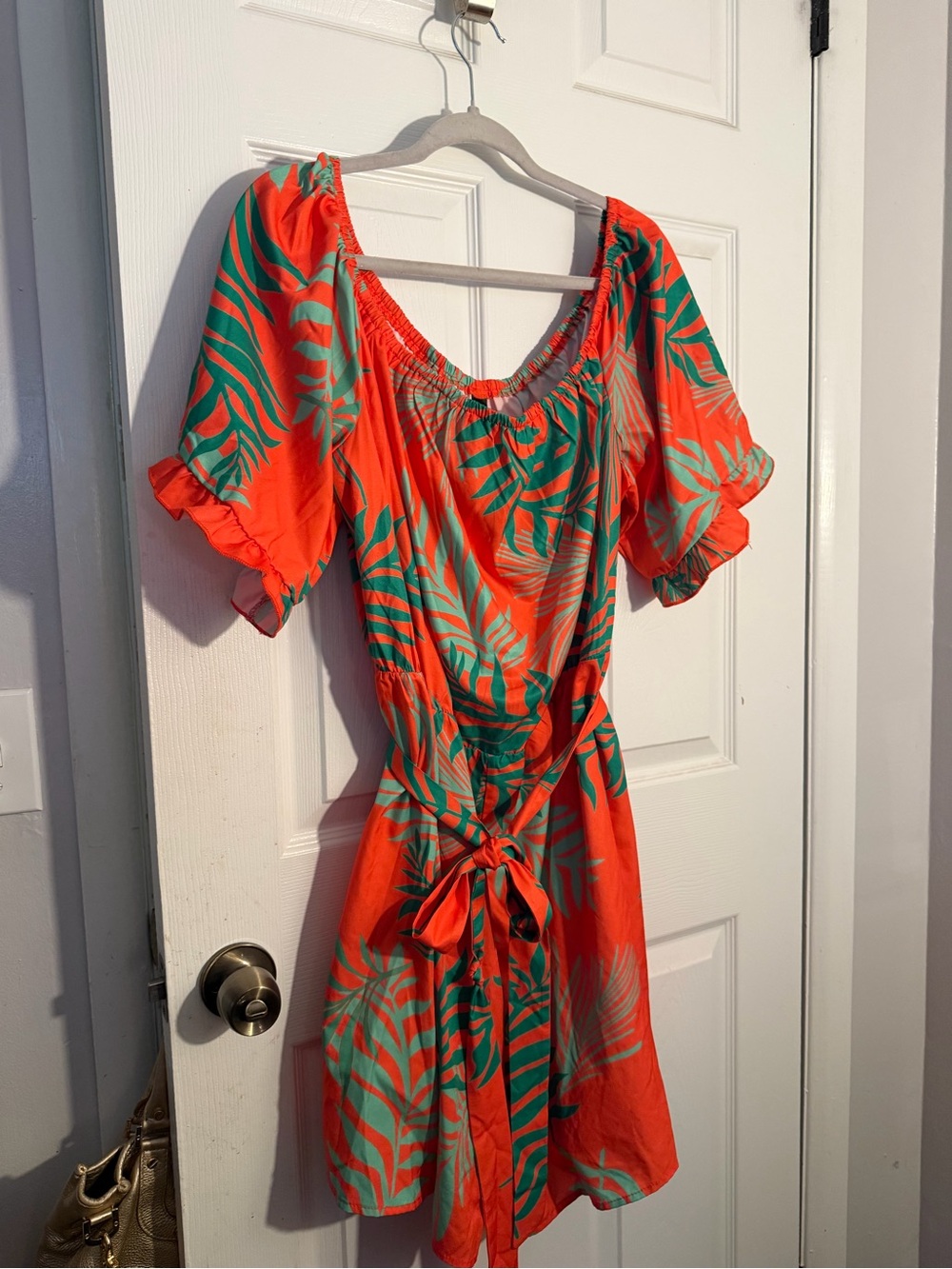 SHEIN Orange Romper with Green Tropical Leaf Print